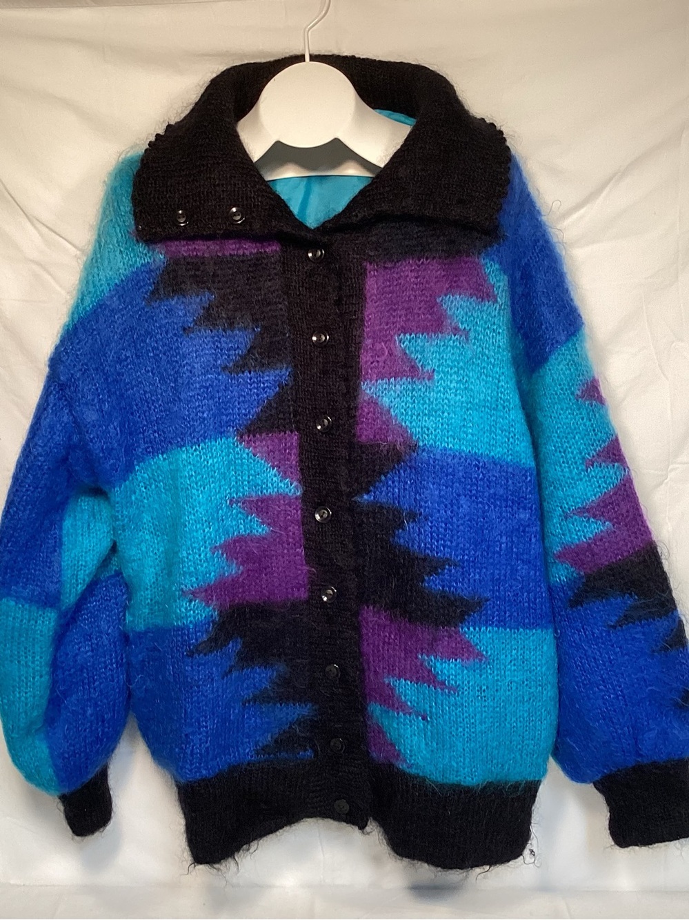 Cozy Geometric Mohair-Blend Button-Up Sweater Jacket - Blue/Turquoise/Purple